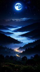 Nightscape Serenity: Under a luminous moon, a breathtaking panorama unfolds. Mountains loom, cloaked in shadows, as ethereal clouds waltz through valleys below. A symphony of quiet beauty.