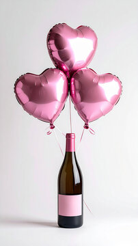 Pink heart balloons tied to a wine bottle