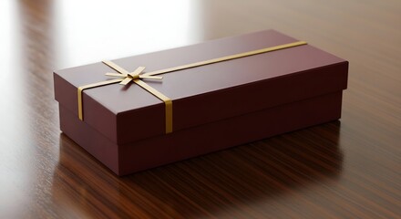 Elegant Burgundy Gift Box with Gold Ribbon on Wooden Table - Luxury Present