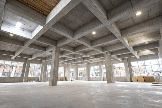 Spacious unfinished commercial building interior with concrete beams and columns, large windows allowing natural light, and clean, open floor creating airy atmosphere
