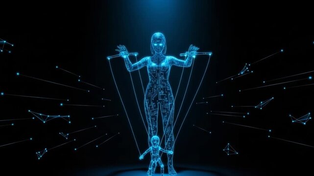 Digital Humanoid Manipulating Puppet In Black Background Scene Connected By Neon Strings To Demonstrate Control Technology Concepts For Ai Manipulation Digital World Themes