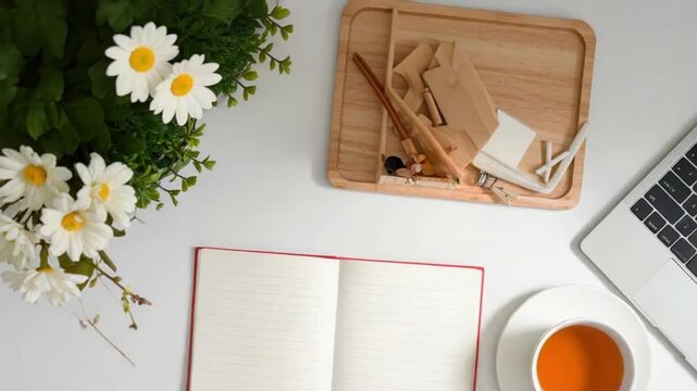 Overhead View of Creative Workspace with Notebook, Tea, Laptop, and Flowers