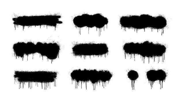 Black Spray Paint Drip Blobs Set on White Background. Graffiti paint blotches with drips and overspray. Aerosol texture, smudges and drops. Graffiti Spray texture in street art style. Vector graphic