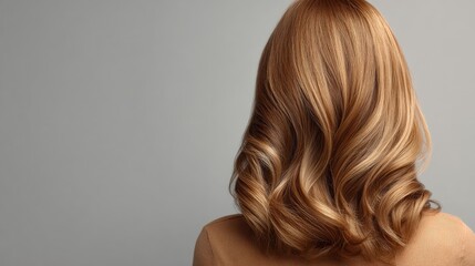 Fototapeta premium Beautiful long wavy hair of a woman in soft brown tones against a neutral gray background, showcasing healthy and shiny hair texture and movement