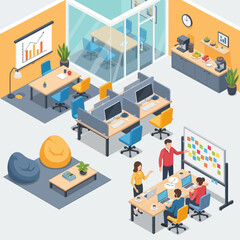 Obraz premium Modern Office Space with Collaborative Work Environment and Team Discussion.