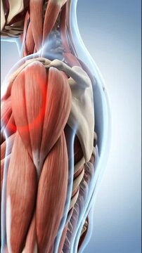 Human shoulder anatomy illustration with red highlight indicating pain, suitable for medical education, healthcare presentations, physiotherapy, and human body diagram.