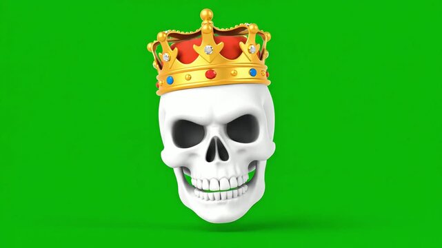 A bright 3d rendered king skull emoji, wearing a royal crown, is isolated on a vibrant green chroma key background.