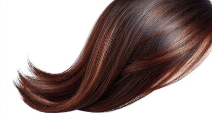 Fototapeta premium Smooth and Shiny Brown Hair Flowing Elegantly on a White Background, Perfect for Beauty and Haircare Related Projects and Marketing Campaigns