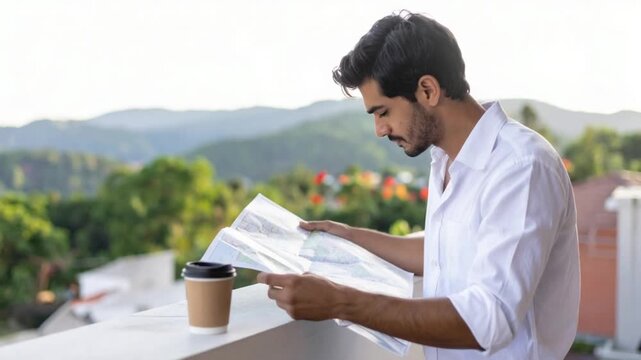 Young man exploring map on balcony with coffee, planning travel adventure