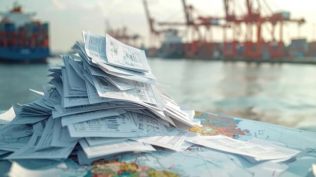 A pile of documents on a map, with a harbor in the background, out of focus