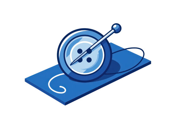 A blue button with two holes is pierced by a needle threaded with black sewing thread, resting on a rectangular surface.