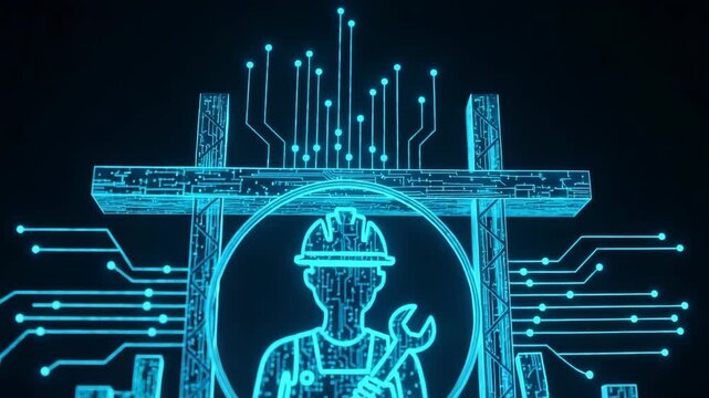 Cybernetic Construction Worker Holding Wrench In Front Of Circuit Board Architectural Structure Tech Advancements In The Construction Industry Good For Articles Presentations Website