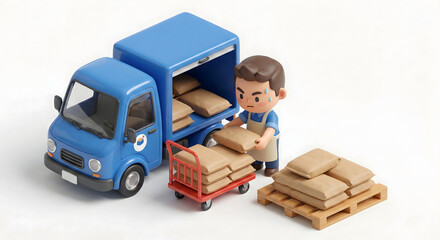 仕入れトラックから米袋を降ろすスタッフ
