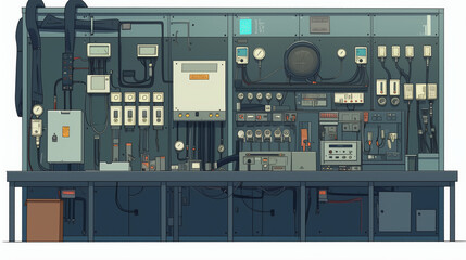 アニメ調で描かれた工業・制御用操作盤のイラスト