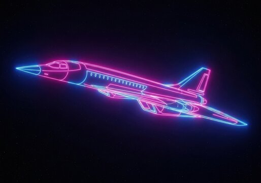 Vibrant neon blue and pink outline of a supersonic aircraft soaring through deep space.