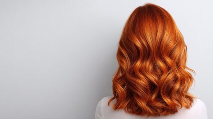Naklejka premium Beautiful Back View of Woman with Vibrant Orange Curly Hair Against a Soft Gray Background, Showcasing Luscious Waves and Rich Color Depth