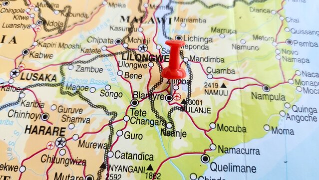 View of Blantyre, City in Malawi, on a geographical map of Africa, marked with a red push pin.