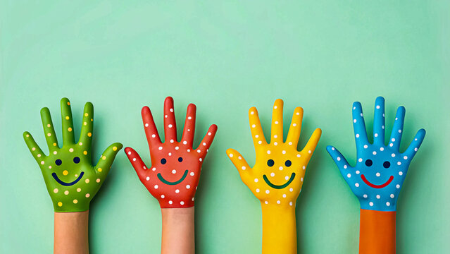 Four colorful painted hands with smiley faces displayed together brightly