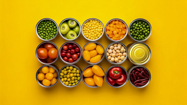 Assortment of colorful canned vegetables and fruits displayed brightly above.