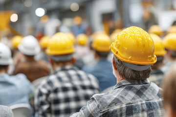 Construction worker training session with people wearing yellow and white safety helmets listening attentively in industrial workshop environment