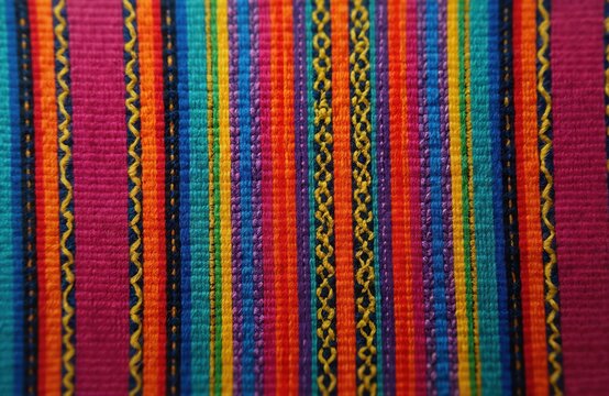 Close-up view of woven fabric with vertical stripes in bright rainbow colors. Yarn texture shows braided yellow lines between color blocks. Textile background features pink blue orange green yellow,