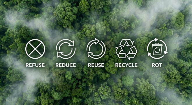 5R waste management strategy concept with Refuse Reduce Reuse Recycle Rot icons over aerial green forest background for eco awareness