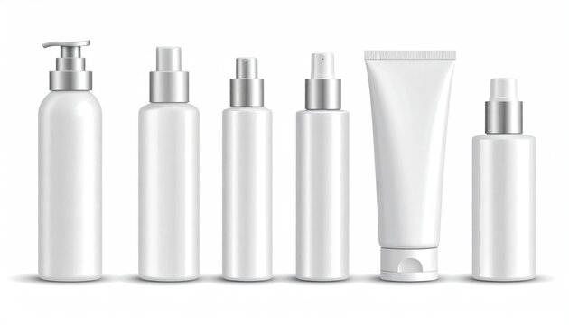 Collection of various white cosmetic containers with silver tops, arranged on a white background
