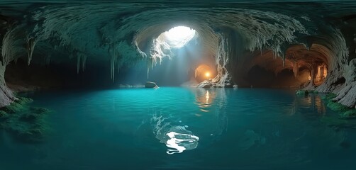 Fototapeta premium Vast underground cave system with clear turquoise water pool illuminated by sunbeams from ceiling hole. Stalactites hang from rocky ceiling above still water. Natural grotto reflects light,