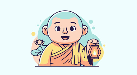 Smiling Buddhist Monk Holding Lantern. © siti sariyati