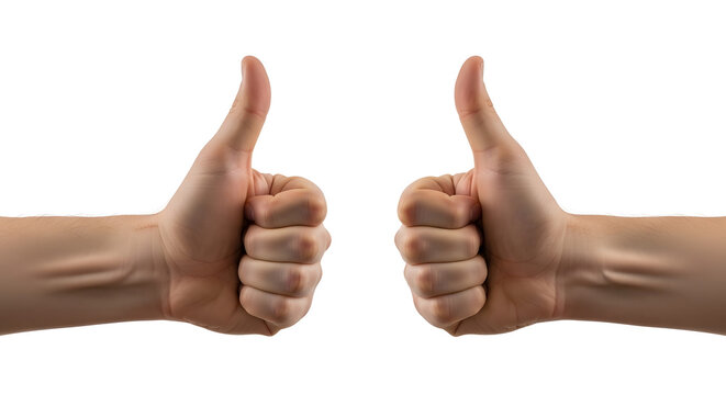 Two hands giving thumbs up on a white background
