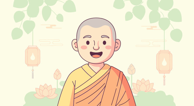 Smiling Buddhist Monk in Robes Portrait.