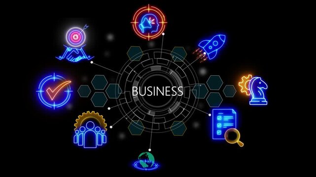 Business Model Canvas concept. Innovative tool that helps entrepreneurs and business owners to map out business model in a structured and concise way. Overview of the key glowing 4k video animation