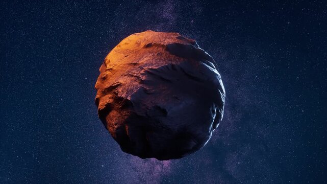 Cinematic motion of massive rocky asteroid spinning in deep space against milky way galaxy background