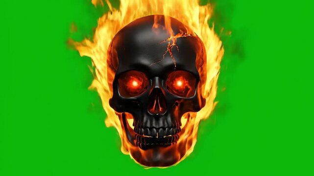 Burning black skull emoji with intense red eyes isolated as a fiery vfx graphic on a green screen.
