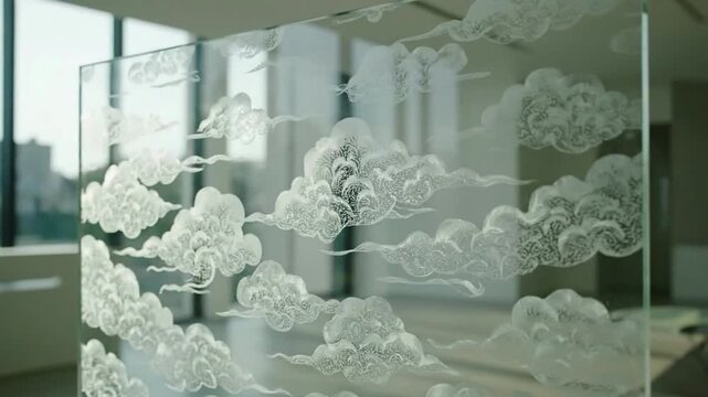 Modern glass partition with cloud design in office.