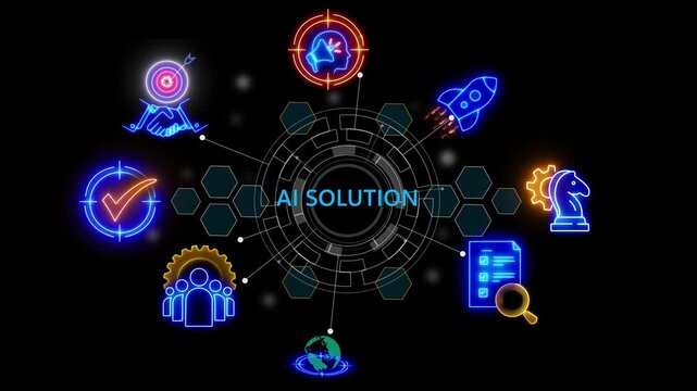 ai solutions text .internet and networking concept, cube glow matrix global security with digital spot light and stretch background glowing 4k video animation
