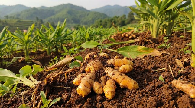 Turmeric plantation farm with pile of fresh raw turmeric atop rich soil
