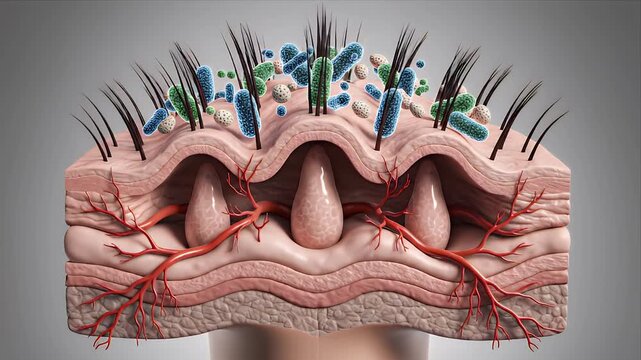 CGI Animation of Human Hair Follicles and Scalp Anatomy with Microorganisms Medical Visualization on Grey Background