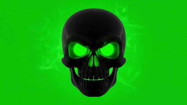 A vibrant green screen highlights this eerie 3d rendered black skull emoji glowing intensely with menacing eyes.
