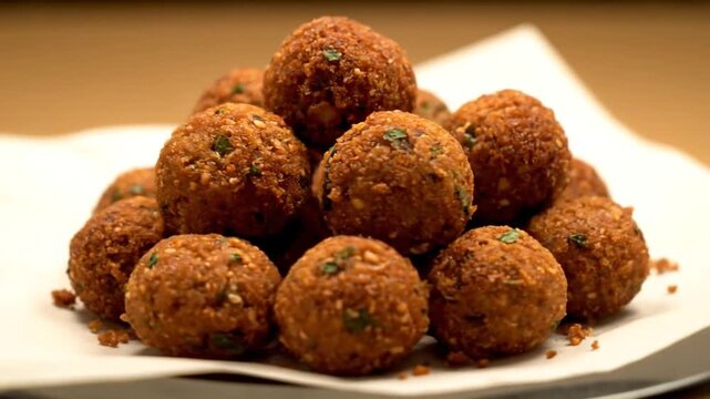 Crispy golden falafel balls with sesame seeds rotating on parchment paper.