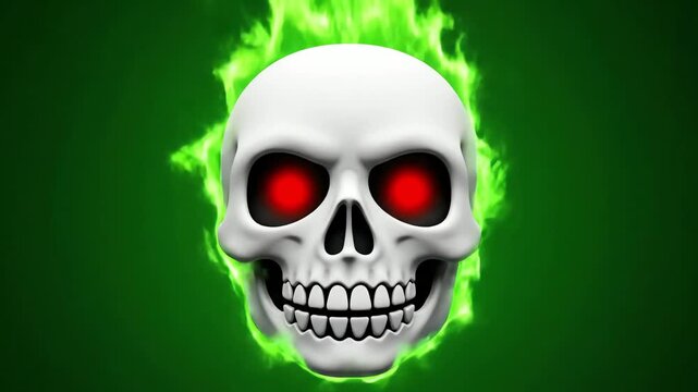 Intense 3d rendered skull emoji with glowing red eyes radiating green flames on a dark green background.