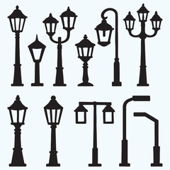 Set of Vintage and Modern Street Light Post Silhouettes for Urban City and Park Exterior Design
