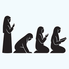 Black Silhouette of Muslim Woman in Different Prayer Poses Reading Quran and Making Dua for Islamic Projects
