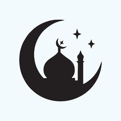 Elegant Islamic Mosque Silhouette inside Large Crescent Moon with Stars for Ramadan Kareem and Eid Celebration
