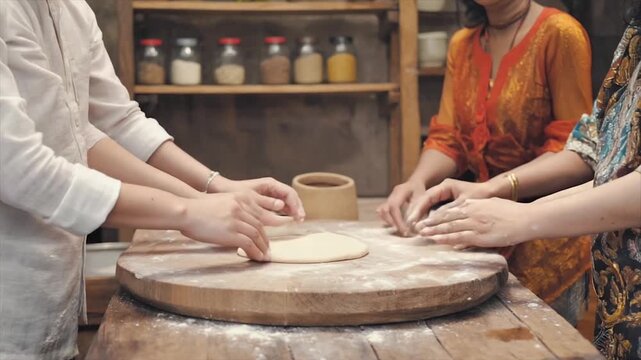 Three women flatten dough on a wooden board in a rustic kitchen