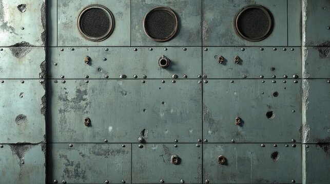 Aged metal panels with rivets and bullet holes.