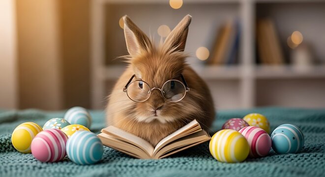 Cute rabbit reading book surrounded by colorful easter eggs on a cozy blanket