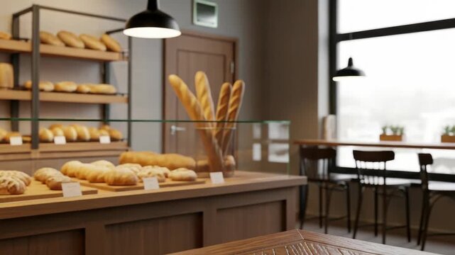 Interior View Of Bakery Displaying Various Bread Types With Wooden Table In The Foreground Window Provides Natural Light Possibly For Advertising Menu Design
