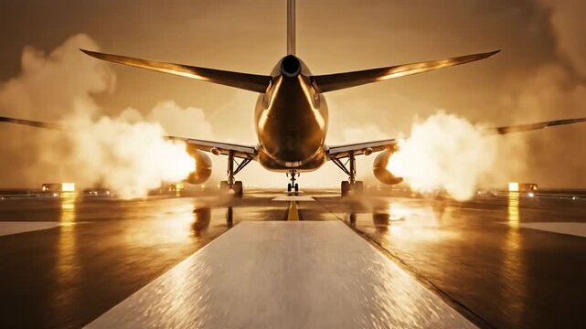 Airplane on Runway at Sunset or Dawn.