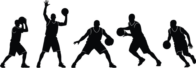 Basketball players silhouette set showing dribbling shooting and passing actions, dynamic sports movement and athletic training concept isolated on white background illustrationBasketball   © Krisna